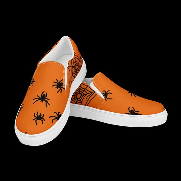 women's slip-on spider canvas shoes orange & black Halloween  fall spiderweb - Picture 7 of 14